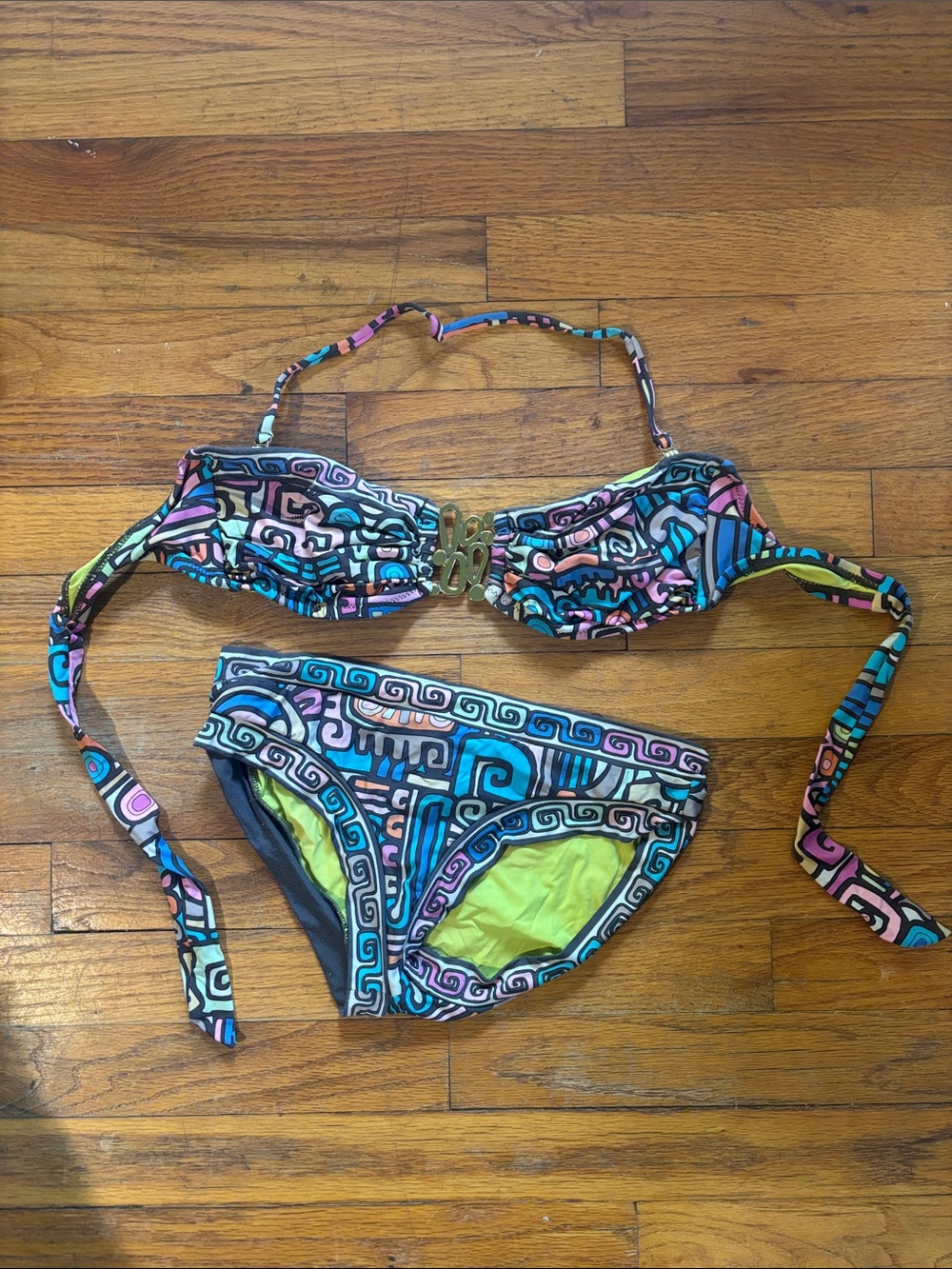 Trina Turk Teal Pink Blue Multicolor Geometric Bandeau Bikini
